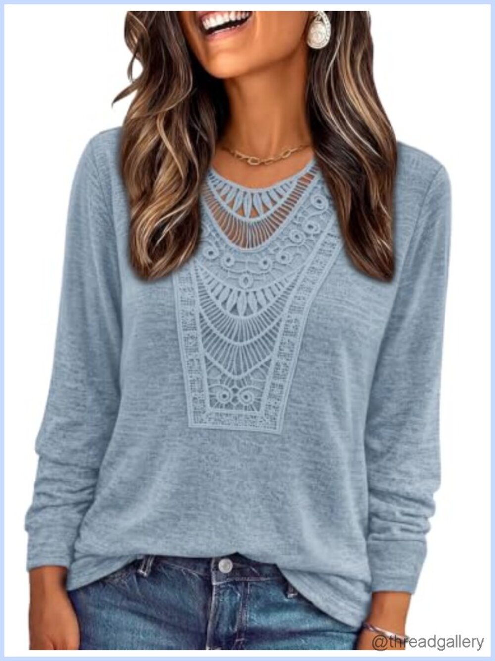 Women's Boho Long Sleeve Peasant Top Lace V-Neck Casual Blouse